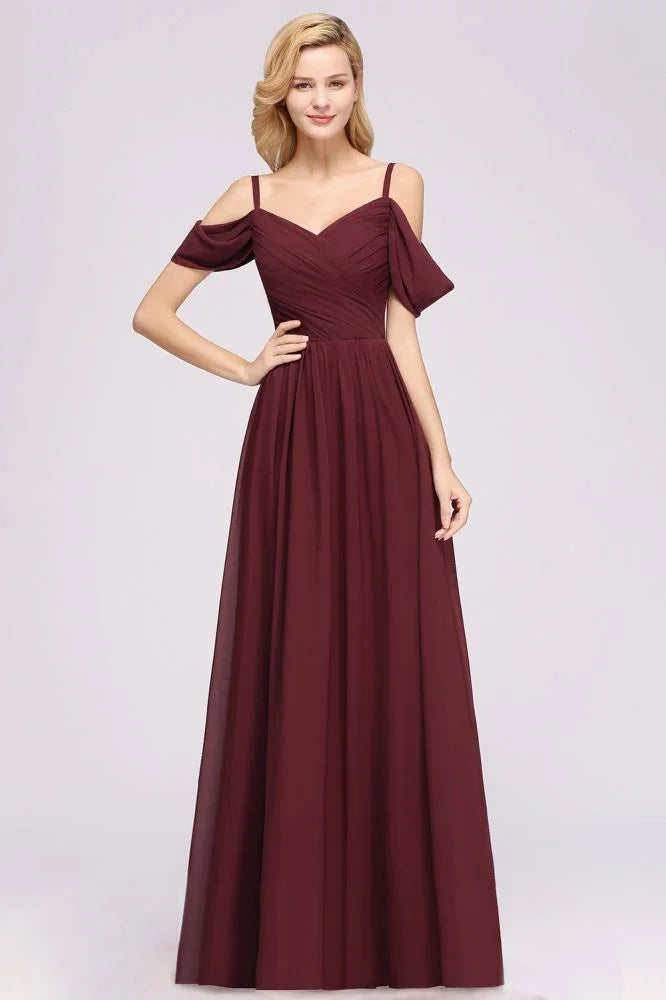 Schulterfreies A-Linien Chiffon-Kleid für Brautjungfern, bodenlanges Hochzeitsgastkleid