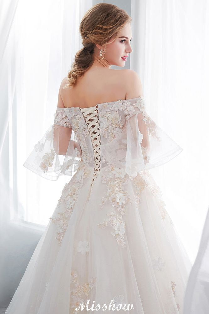 Vestido de Noiva Aline Ombro a Ombro com Aplicações, Saia Comprida de Tule