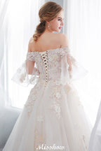 Vestido de Noiva Aline Ombro a Ombro com Aplicações, Saia Comprida de Tule