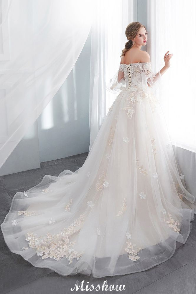 Vestido de Noiva Aline Ombro a Ombro com Aplicações, Saia Comprida de Tule