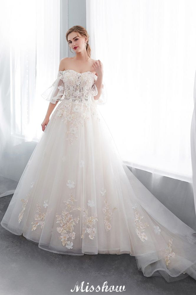 Vestido de Noiva Aline Ombro a Ombro com Aplicações, Saia Comprida de Tule