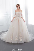 Vestido de Noiva Aline Ombro a Ombro com Aplicações, Saia Comprida de Tule