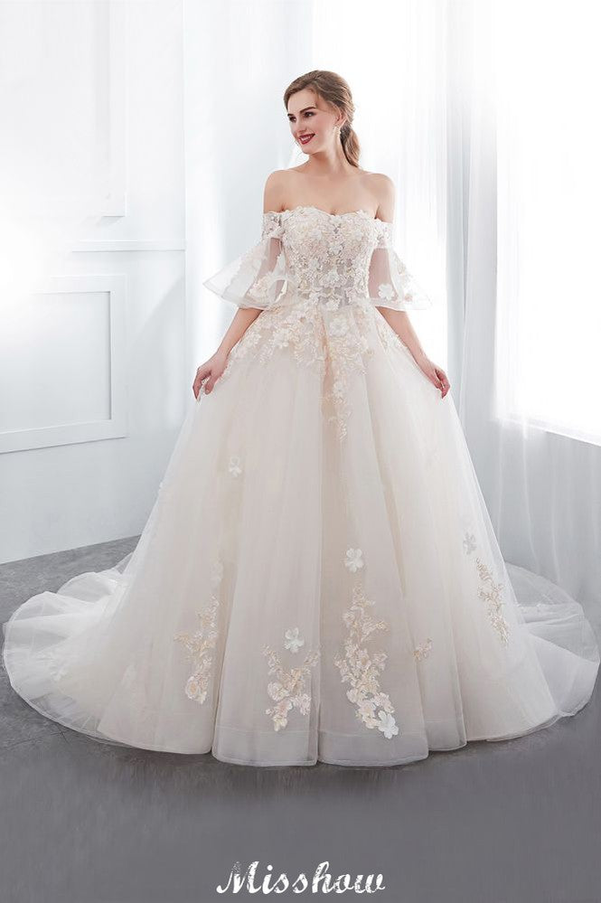 Vestido de Noiva Aline Ombro a Ombro com Aplicações, Saia Comprida de Tule