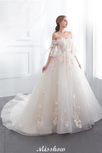 Vestido de Noiva Aline Ombro a Ombro com Aplicações, Saia Comprida de Tule