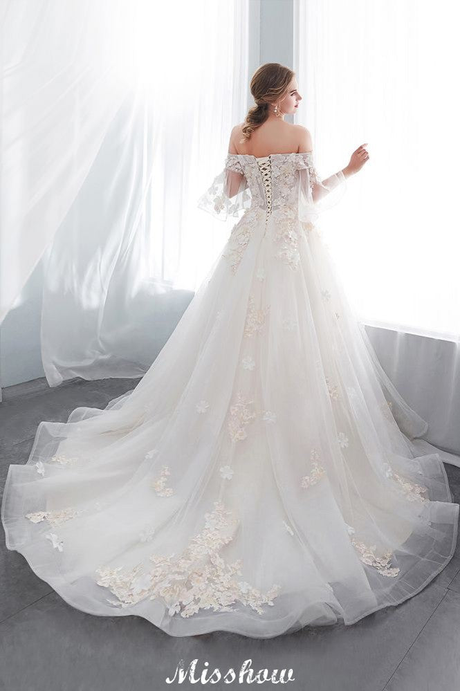 Vestido de Noiva Aline Ombro a Ombro com Aplicações, Saia Comprida de Tule