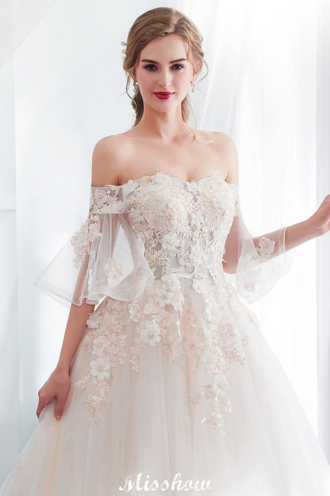 Vestido de Noiva Aline Ombro a Ombro com Aplicações, Saia Comprida de Tule