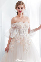 Vestido de Noiva Aline Ombro a Ombro com Aplicações, Saia Comprida de Tule