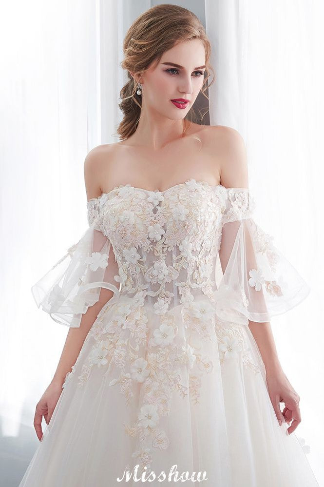 Vestido de Noiva Aline Ombro a Ombro com Aplicações, Saia Comprida de Tule