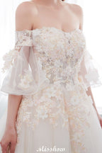 Vestido de Noiva Aline Ombro a Ombro com Aplicações, Saia Comprida de Tule
