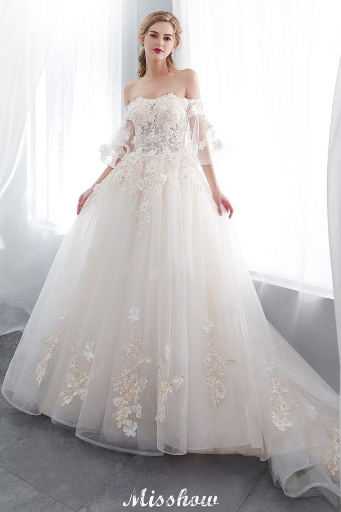 Vestido de Noiva Aline Ombro a Ombro com Aplicações, Saia Comprida de Tule