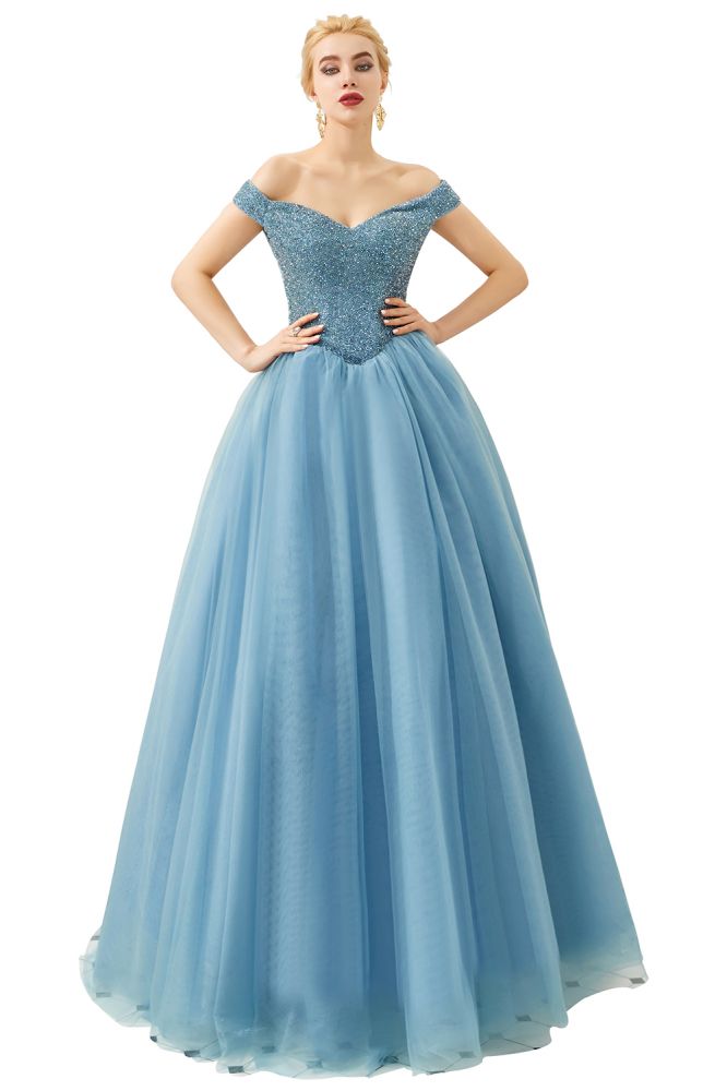Robe de bal princesse ligne A à épaules dénudées en tulle longue jusqu'au sol ornée de perles avec laçage pour soirée