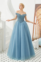 Robe de bal princesse ligne A à épaules dénudées en tulle longue jusqu'au sol ornée de perles avec laçage pour soirée