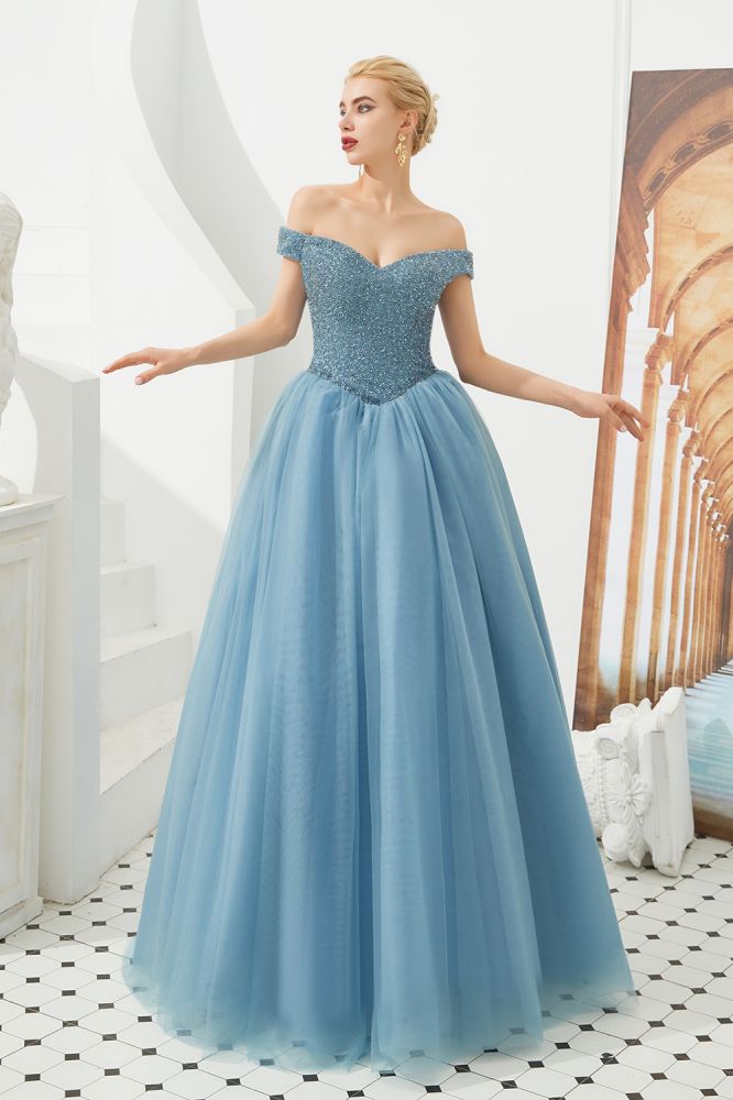Robe de bal princesse ligne A à épaules dénudées en tulle longue jusqu'au sol ornée de perles avec laçage pour soirée