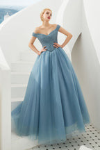 Robe de bal princesse ligne A à épaules dénudées en tulle longue jusqu'au sol ornée de perles avec laçage pour soirée