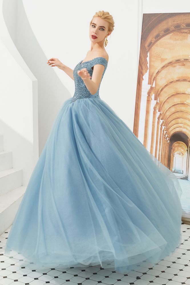 Robe de bal princesse ligne A à épaules dénudées en tulle longue jusqu'au sol ornée de perles avec laçage pour soirée