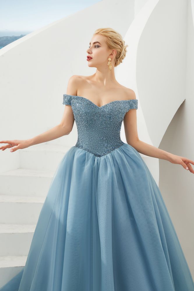 Robe de bal princesse ligne A à épaules dénudées en tulle longue jusqu'au sol ornée de perles avec laçage pour soirée