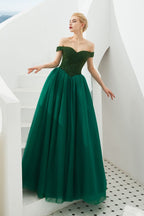 Robe de bal princesse ligne A à épaules dénudées en tulle longue jusqu'au sol ornée de perles avec laçage pour soirée