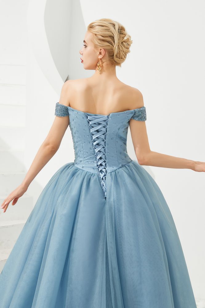 Robe de bal princesse ligne A à épaules dénudées en tulle longue jusqu'au sol ornée de perles avec laçage pour soirée