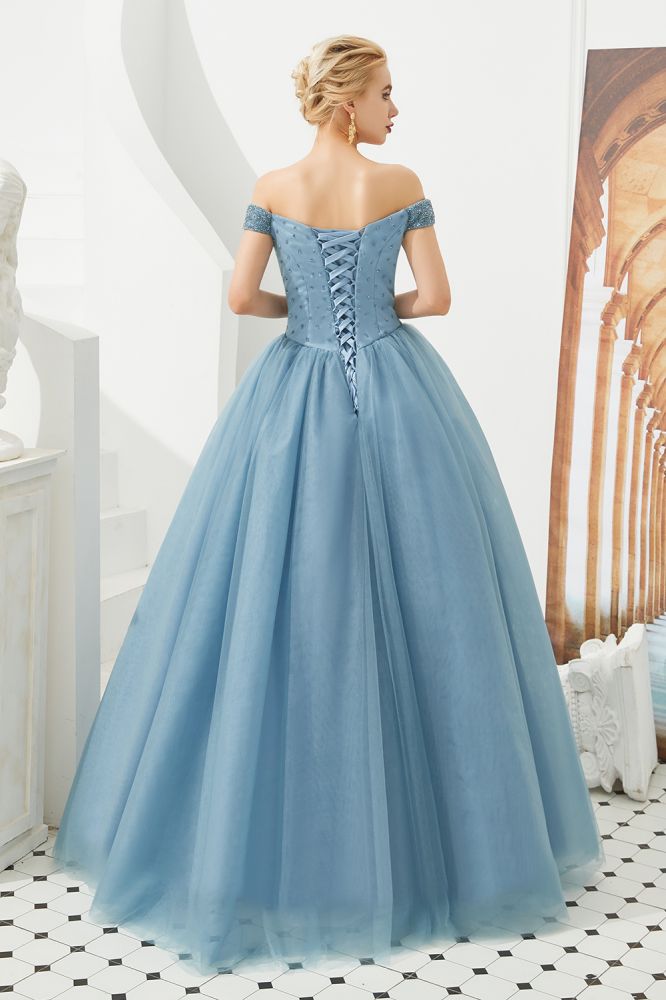 Robe de bal princesse ligne A à épaules dénudées en tulle longue jusqu'au sol ornée de perles avec laçage pour soirée