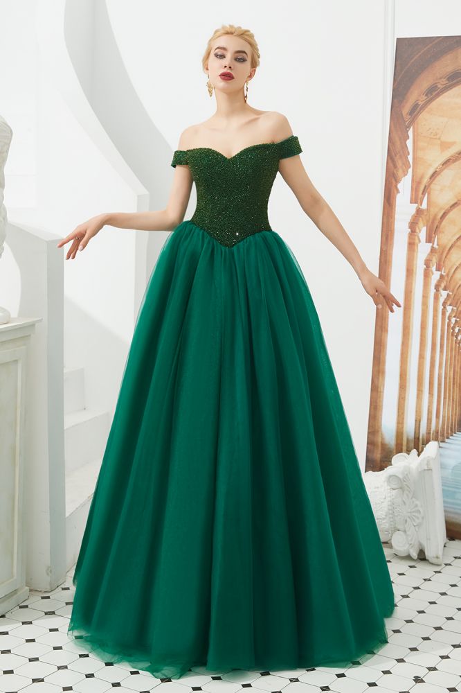 Robe de bal princesse ligne A à épaules dénudées en tulle longue jusqu'au sol ornée de perles avec laçage pour soirée