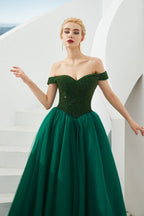 Robe de bal princesse ligne A à épaules dénudées en tulle longue jusqu'au sol ornée de perles avec laçage pour soirée