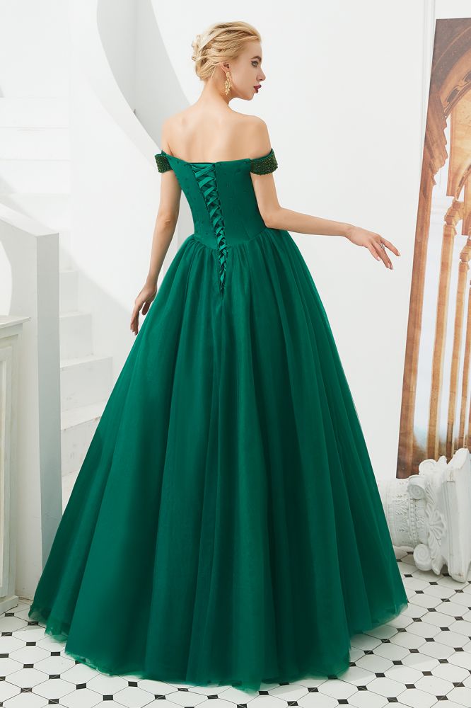 Robe de bal princesse ligne A à épaules dénudées en tulle longue jusqu'au sol ornée de perles avec laçage pour soirée