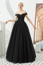 Robe de bal princesse ligne A à épaules dénudées en tulle longue jusqu'au sol ornée de perles avec laçage pour soirée