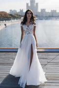 Abiti da sposa a linea ad A con applicazioni scollati sulle spalle | Abiti nuziali in tulle con spacco laterale