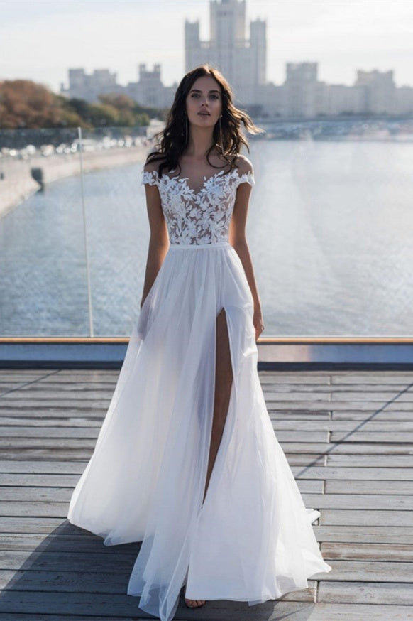 Abiti da sposa a linea ad A con applicazioni scollati sulle spalle | Abiti nuziali in tulle con spacco laterale
