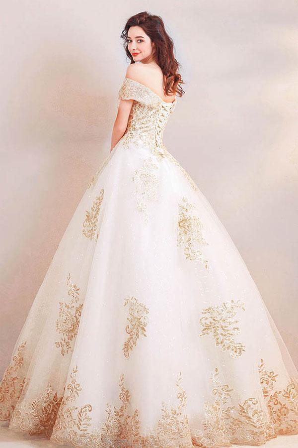 Vestido de Noiva Longo com Decote Ombro a Ombro e Aplicações Douradas