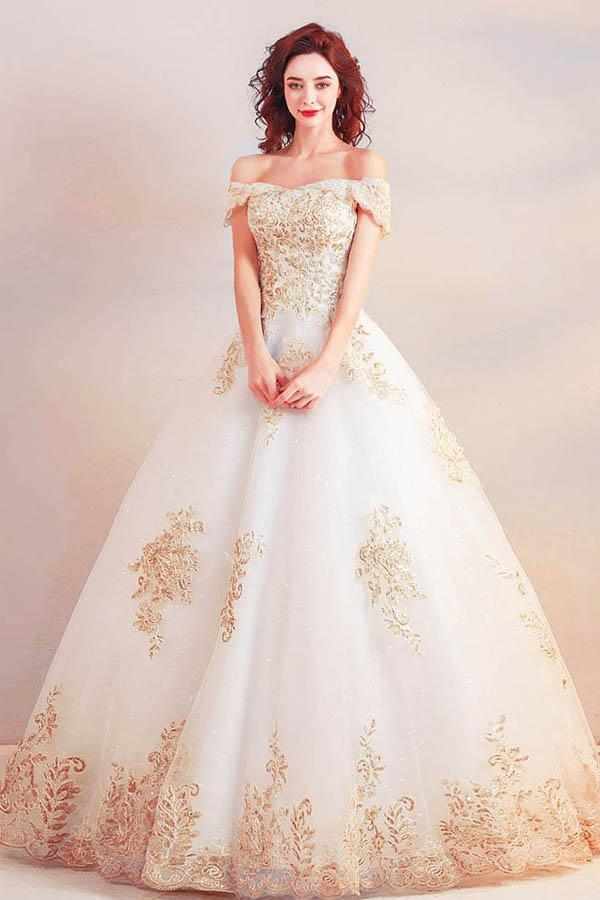 Vestido de Noiva Longo com Decote Ombro a Ombro e Aplicações Douradas