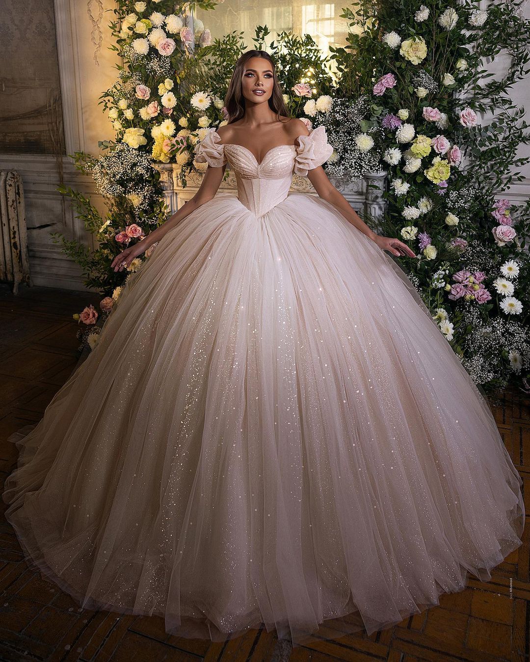Off-the-Shoulder Ball Gown Tulle Wedding Dress Shinning Sequins