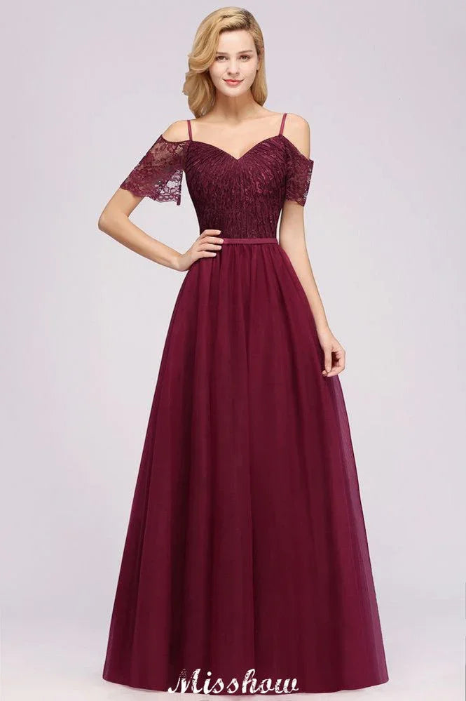 Schulterfreies burgunderrotes A-Linien-Kleid für Brautjungfern, bodenlanges Abendkleid aus Tüll