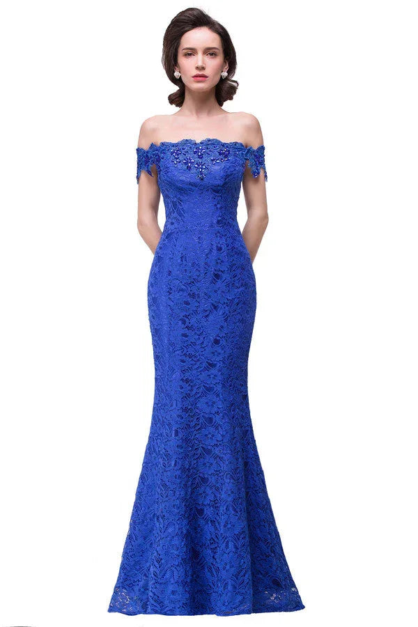 Vestidos de Dama de Honra Sereia em Renda, Comprimento até ao Chão, com Decote Ombro a Ombro