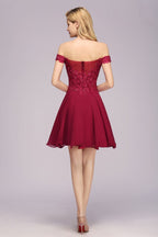 Off the Shoulder Floral Lace Short Homecoming Dress Burgundy Knee Length Chiffon Evening Dress