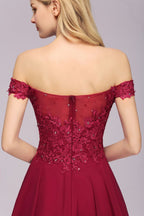 Off the Shoulder Floral Lace Short Homecoming Dress Burgundy Knee Length Chiffon Evening Dress