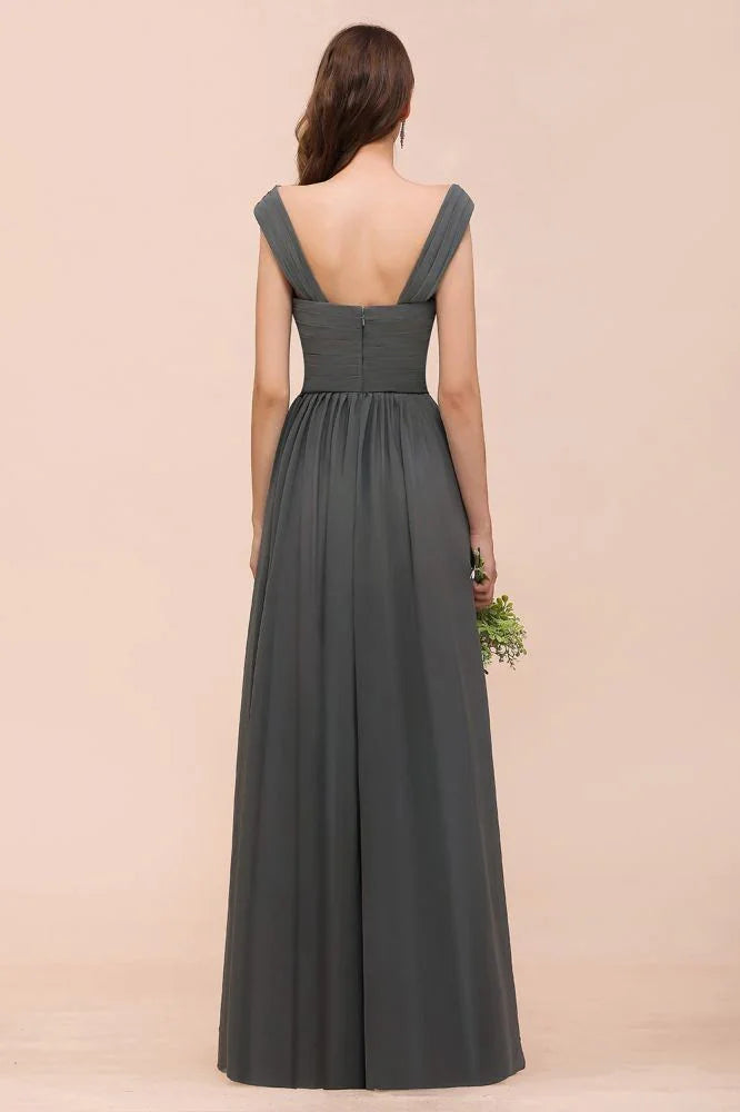 Vestido de Dama de Honra com Ombros Descobertos, Fenda Lateral Frontal, Corte em A para Convidada de Casamento