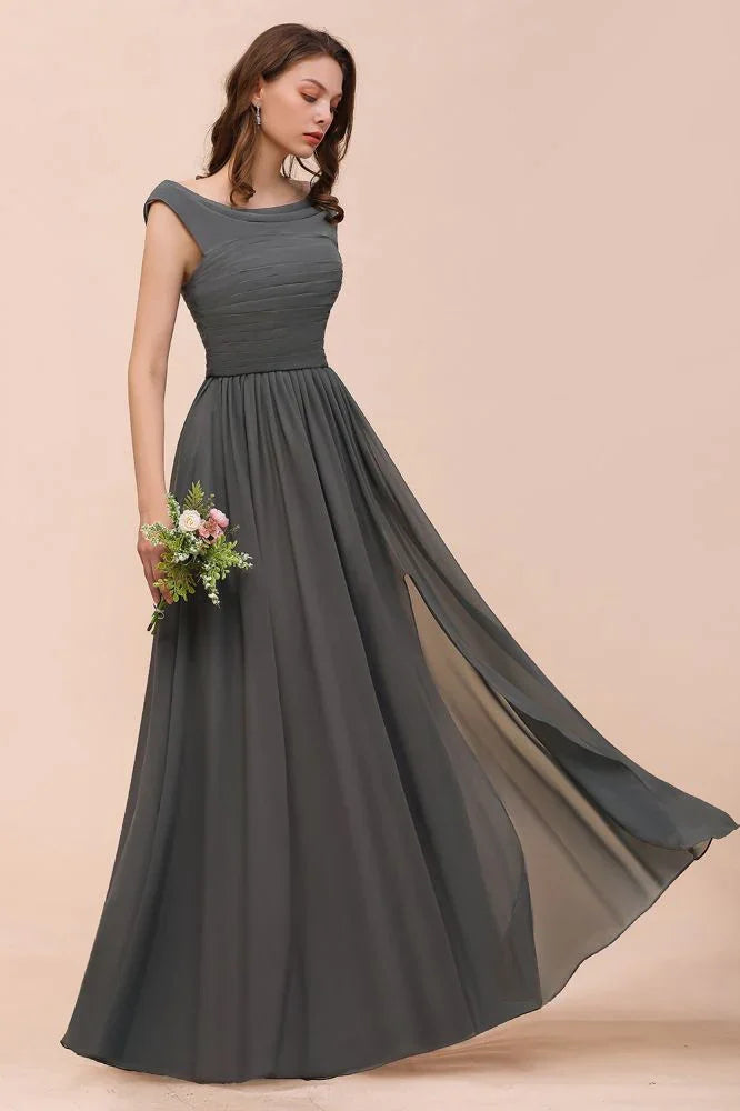 Vestido de Dama de Honra com Ombros Descobertos, Fenda Lateral Frontal, Corte em A para Convidada de Casamento