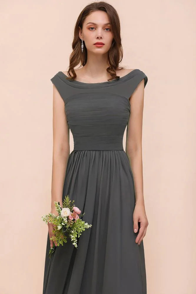 Vestido de Dama de Honra com Ombros Descobertos, Fenda Lateral Frontal, Corte em A para Convidada de Casamento