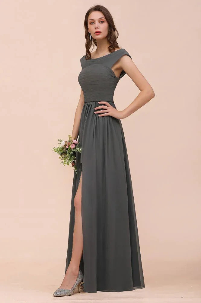 Vestido de Dama de Honra com Ombros Descobertos, Fenda Lateral Frontal, Corte em A para Convidada de Casamento