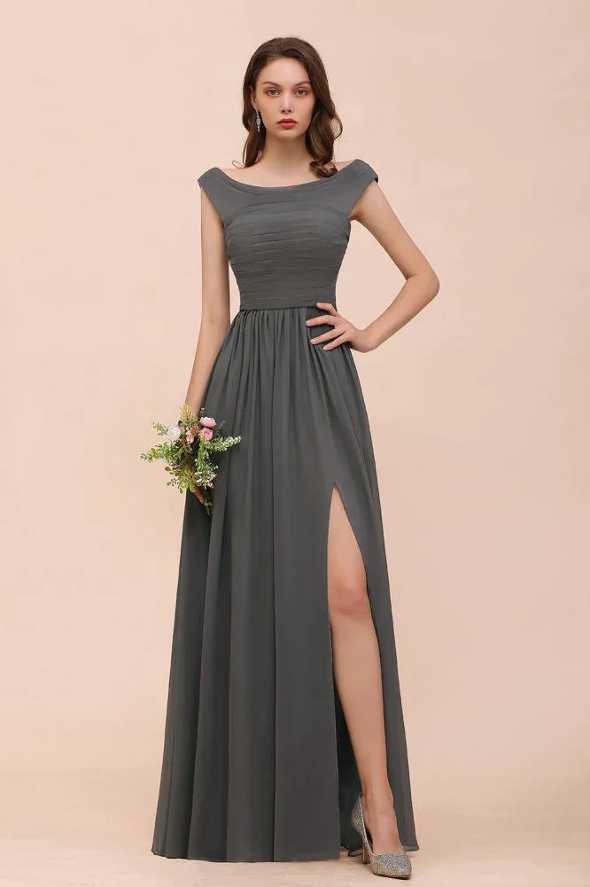 Vestido de Dama de Honra com Ombros Descobertos, Fenda Lateral Frontal, Corte em A para Convidada de Casamento