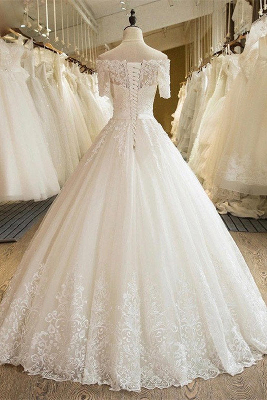 Vestido de Noiva com Renda e Tule Ombro a Ombro e Mangas 1/2