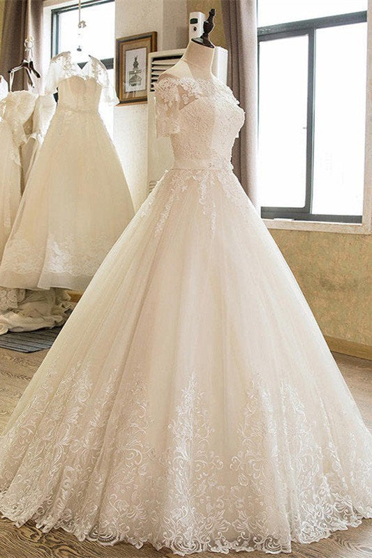 Vestido de Noiva com Renda e Tule Ombro a Ombro e Mangas 1/2