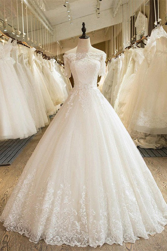 Vestido de Noiva com Renda e Tule Ombro a Ombro e Mangas 1/2