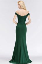 Vestido longo de cetim com aplicações, corte sereia, decote ombro a ombro, para baile de finalistas e damas de honor