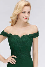 Vestido longo de cetim com aplicações, corte sereia, decote ombro a ombro, para baile de finalistas e damas de honor