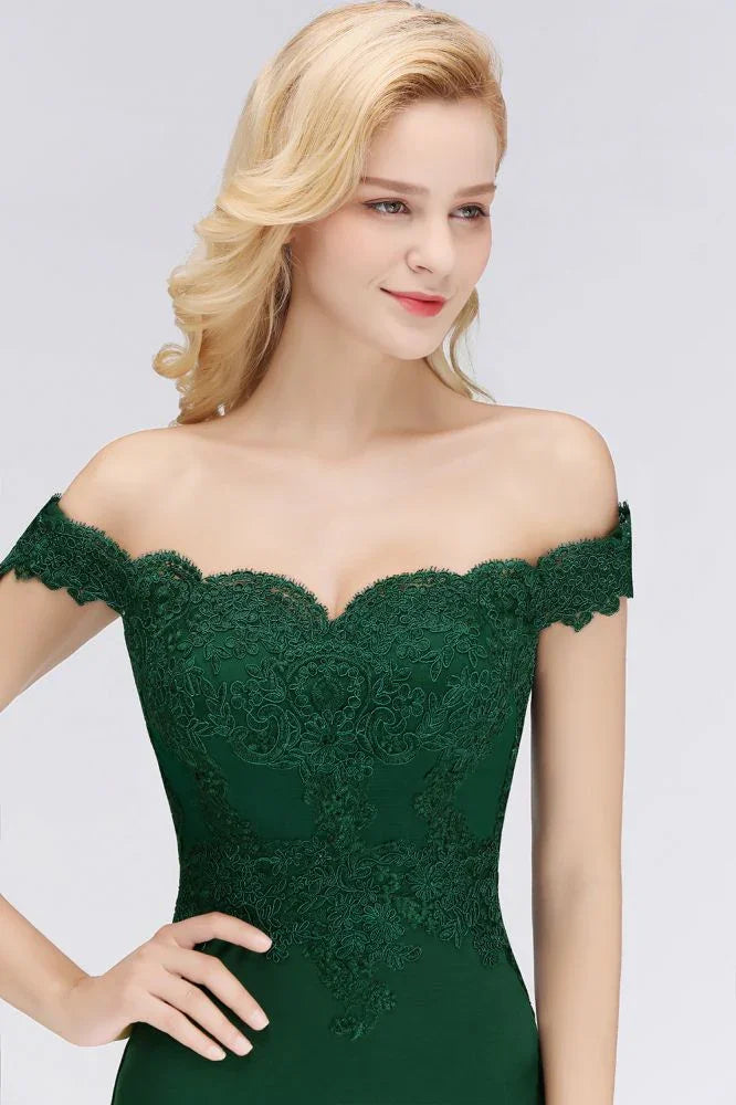 Vestido longo de cetim com aplicações, corte sereia, decote ombro a ombro, para baile de finalistas e damas de honor