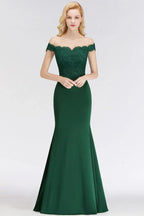 Vestido longo de cetim com aplicações, corte sereia, decote ombro a ombro, para baile de finalistas e damas de honor