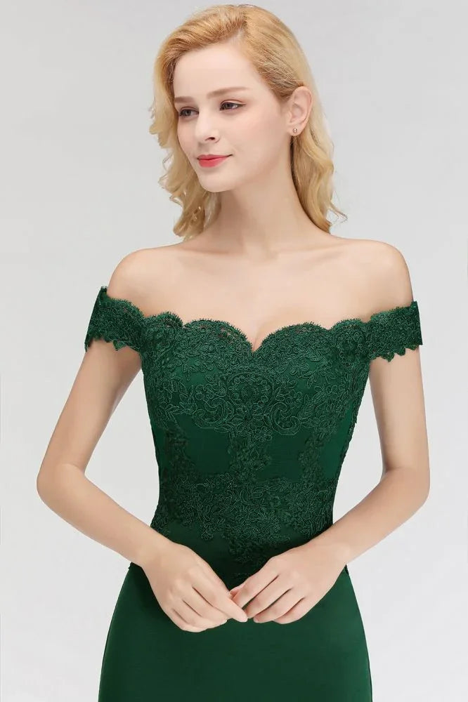 Vestido longo de cetim com aplicações, corte sereia, decote ombro a ombro, para baile de finalistas e damas de honor