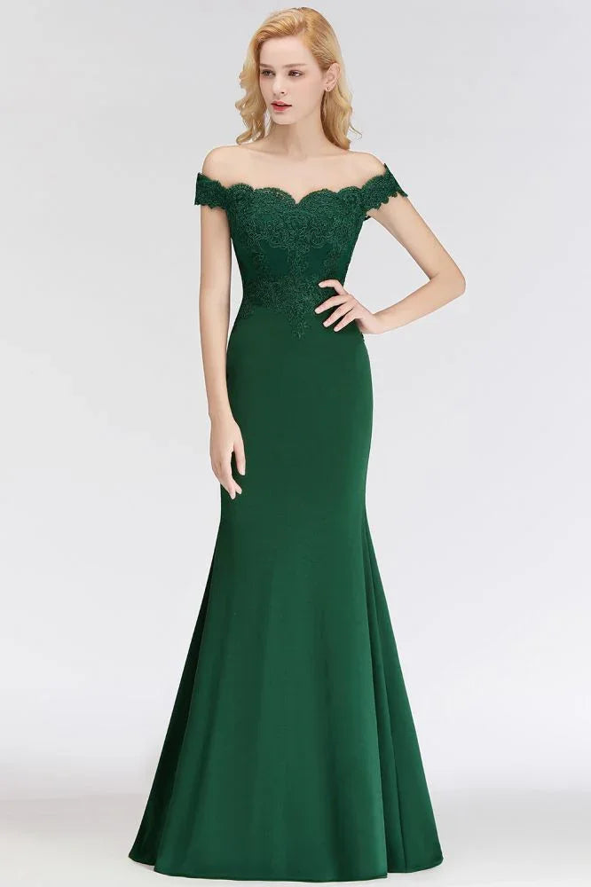 Vestido longo de cetim com aplicações, corte sereia, decote ombro a ombro, para baile de finalistas e damas de honor